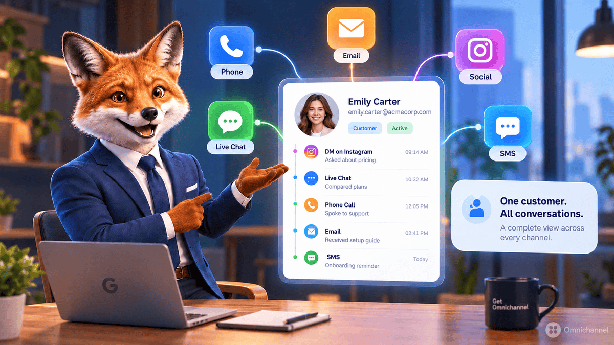 Omnichannel customer journey: social, live chat, voice, and SMS sharing one connected customer record