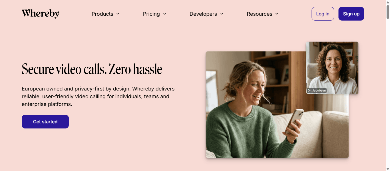 Whereby homepage showing the no-download video meeting hero with in-browser join messaging and Get started free and View pricing buttons.