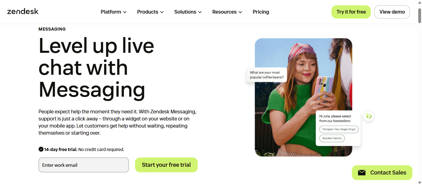 Zendesk Messaging homepage headline reading "Level up live chat with Messaging" with a work email field and Start your free trial button.