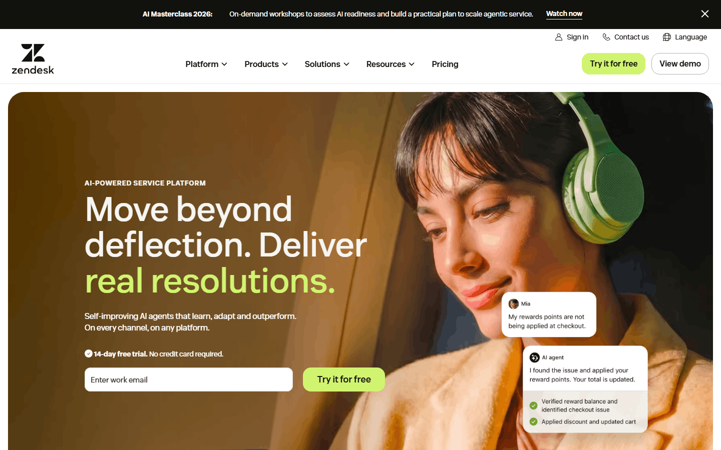 Zendesk homepage highlighting its AI-powered service platform built for automated customer support resolutions