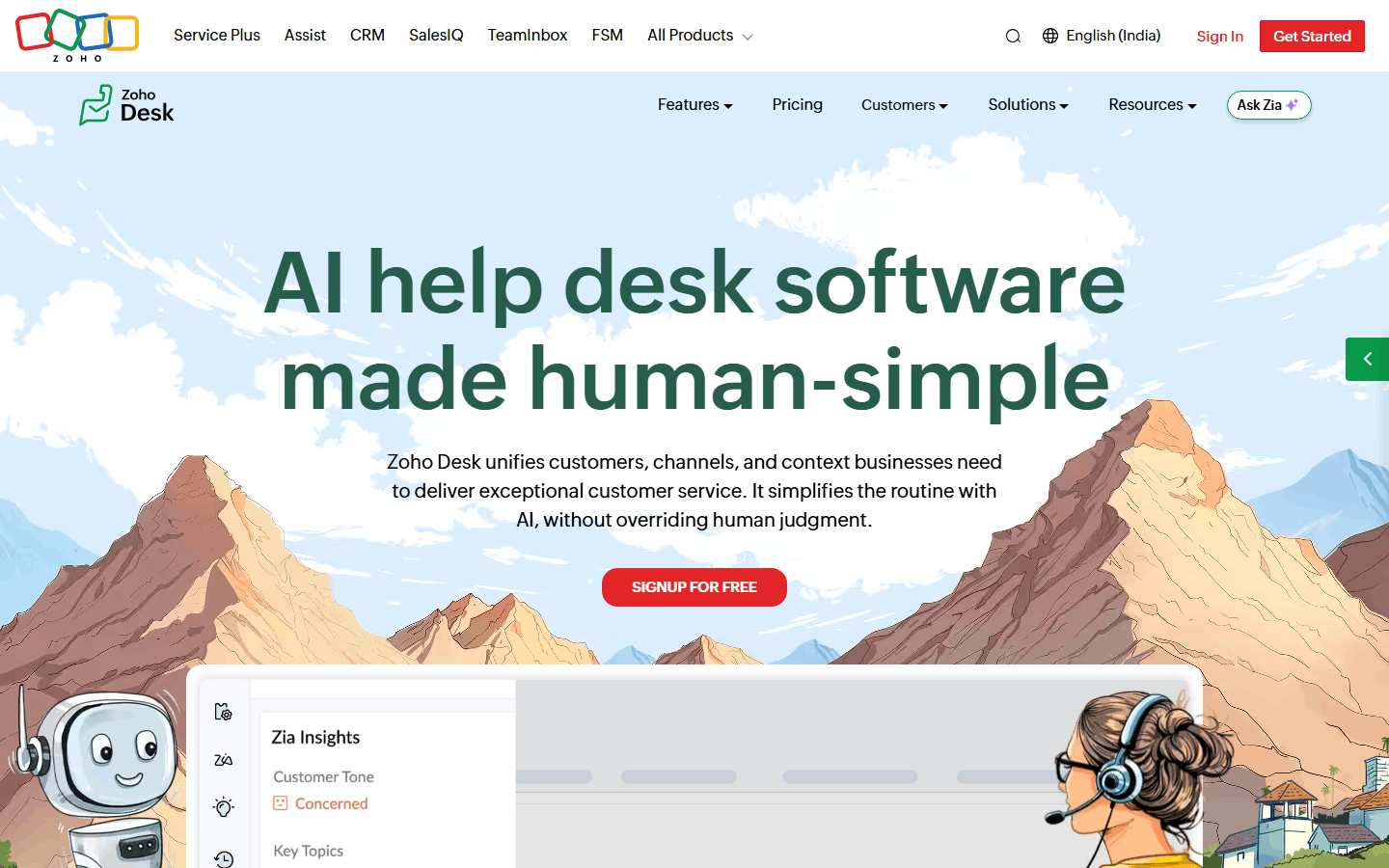 Zoho Desk homepage highlighting its AI help desk software with Zia AI insights for customer service teams