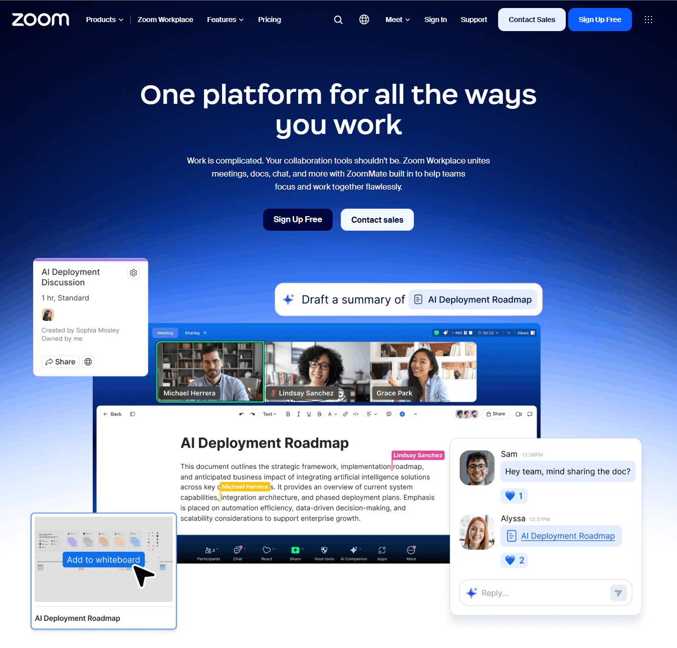 Zoom Workplace homepage showing AI-powered meetings, docs, and chat unified in one collaboration platform.
