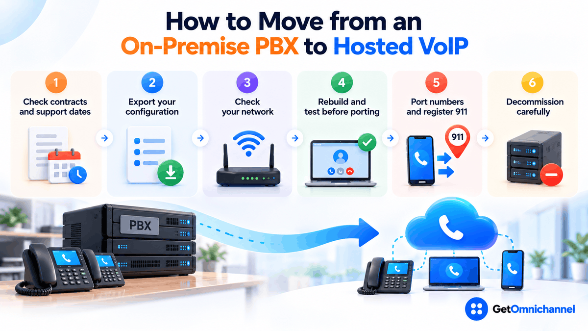 How to move from an on-premise PBX to hosted VoIP in six steps: check contracts and support dates, export your configuration, check your network, rebuild and test before porting, port numbers and register 911 addresses, and decommission the old PBX carefully
