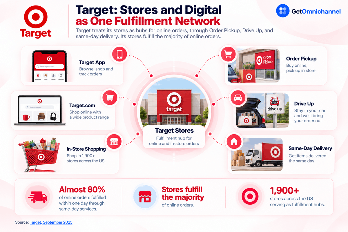 Target omnichannel fulfillment network: the Target app, Target.com, and in-store shopping connected to stores that act as hubs for Order Pickup, Drive Up, and same-day delivery