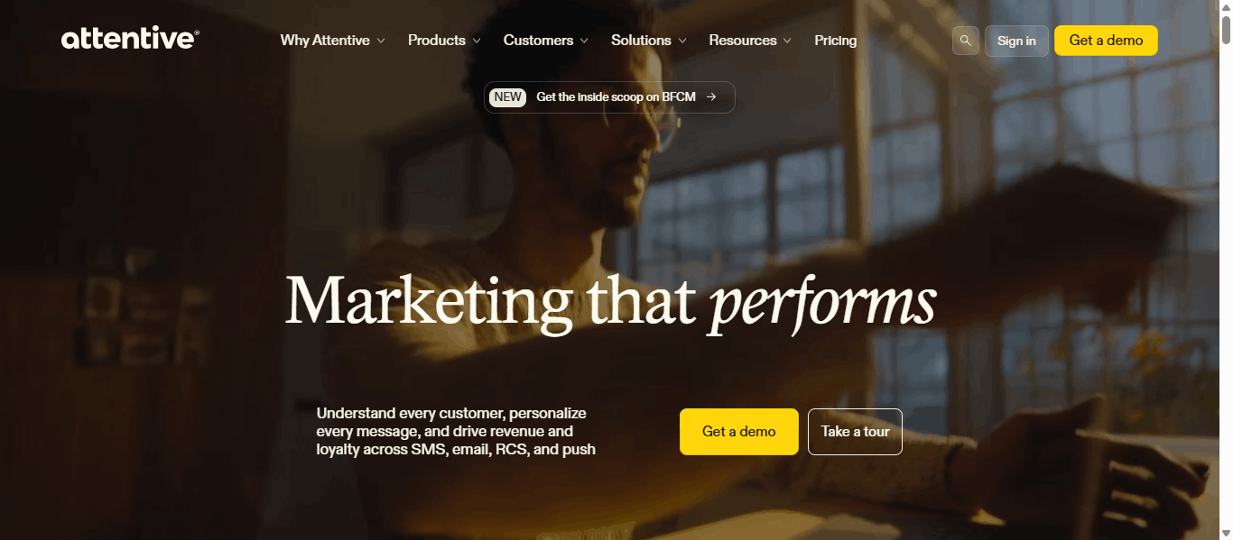 Attentive homepage with the headline "Marketing that performs" for SMS, email, RCS and push campaigns