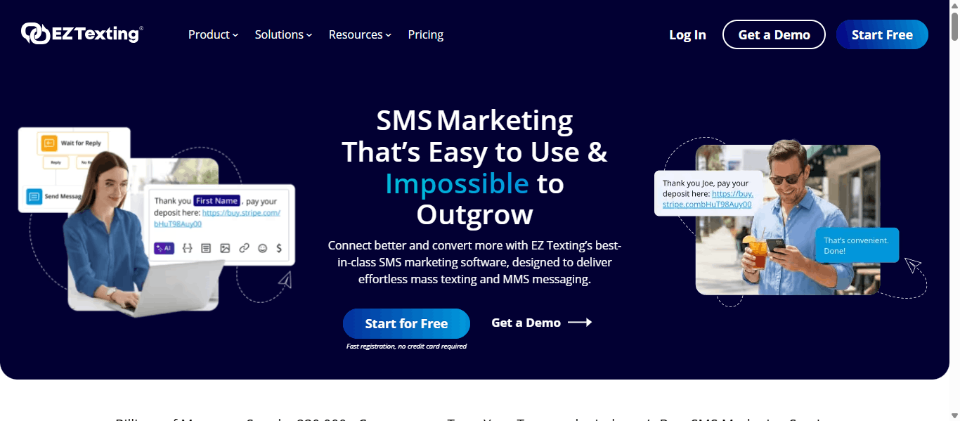 EZ Texting homepage with the headline "SMS Marketing That's Easy to Use & Impossible to Outgrow" and sample payment text messages