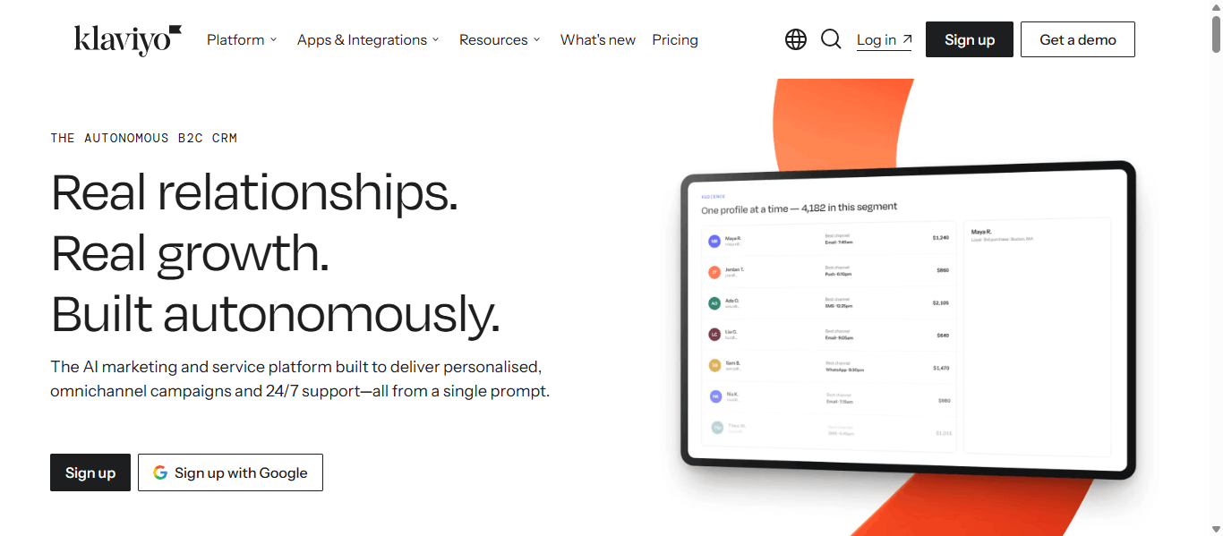 Klaviyo homepage describing an AI marketing platform for omnichannel campaigns, with a customer segment dashboard