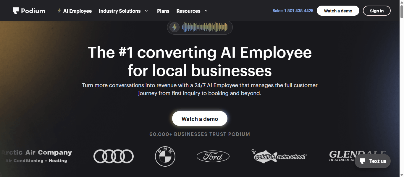 Podium homepage with the headline "The #1 converting AI Employee for local businesses"