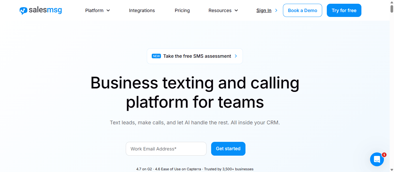 Salesmsg homepage with the headline "Business texting and calling platform for teams"