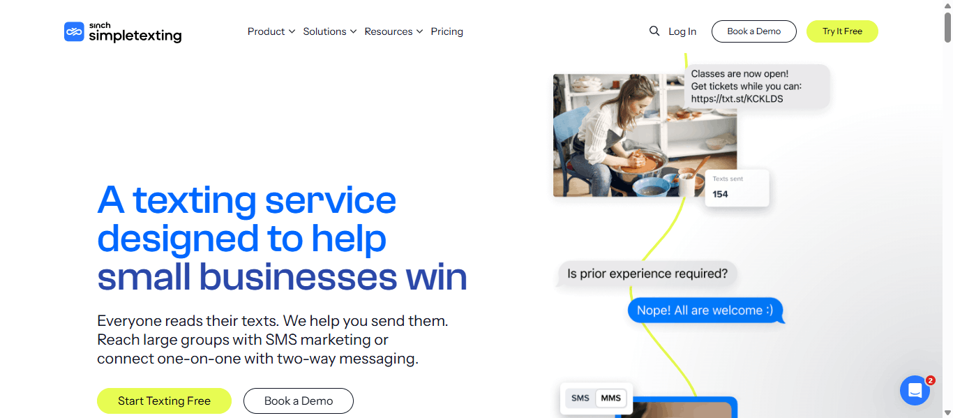 SimpleTexting homepage with the headline "A texting service designed to help small businesses win" and sample two-way SMS conversations
