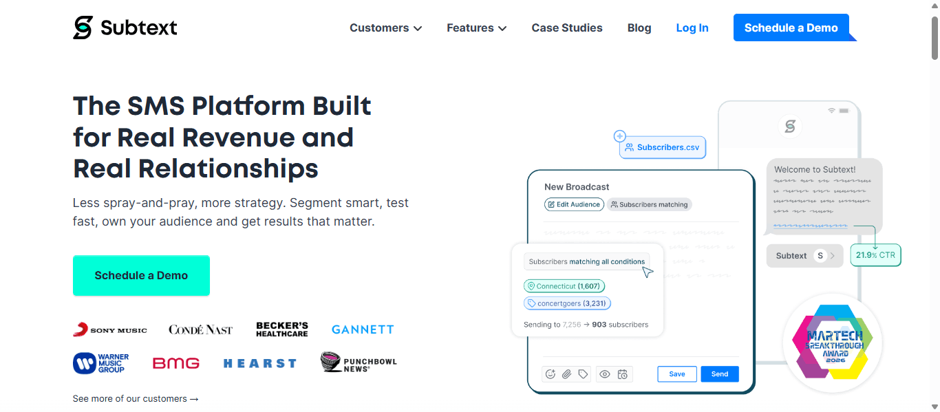 Subtext SMS platform homepage showing a broadcast builder with subscriber segments and customer logos including Sony Music and Cond&eacute; Nast
