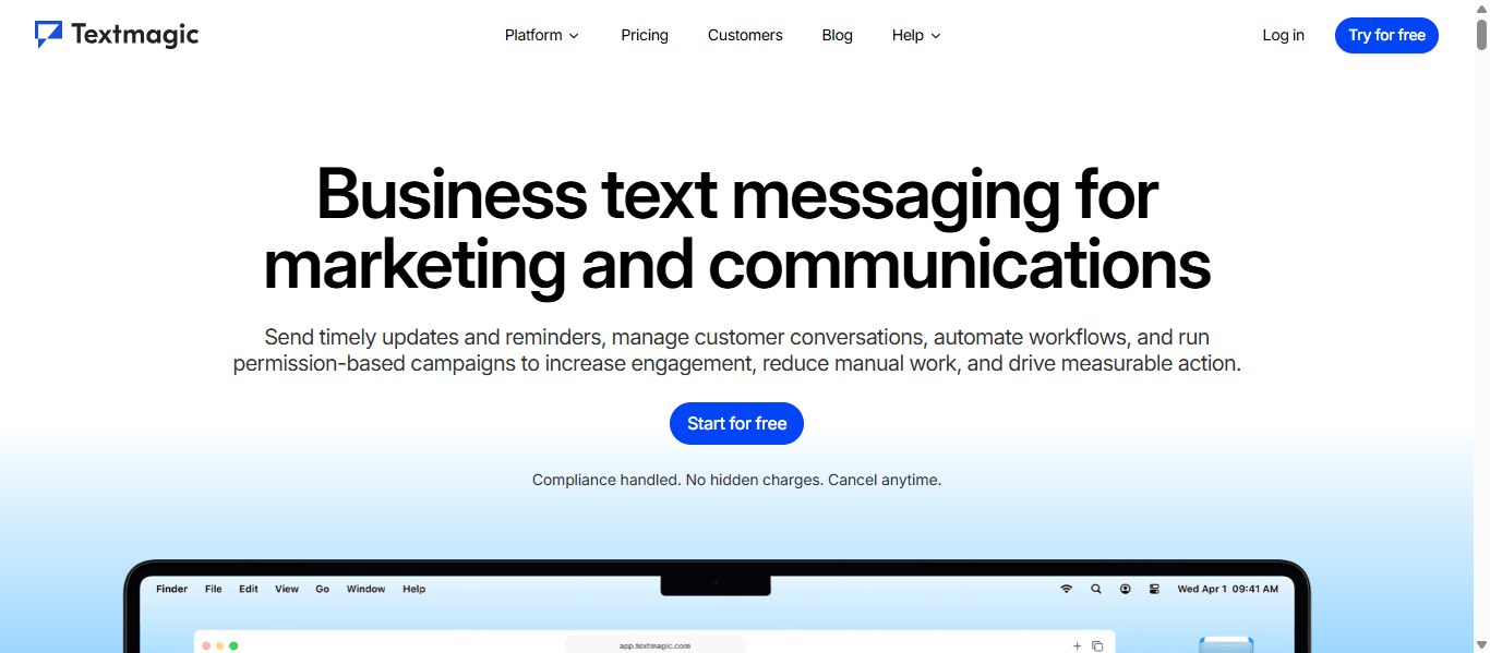 Textmagic homepage with the headline "Business text messaging for marketing and communications"