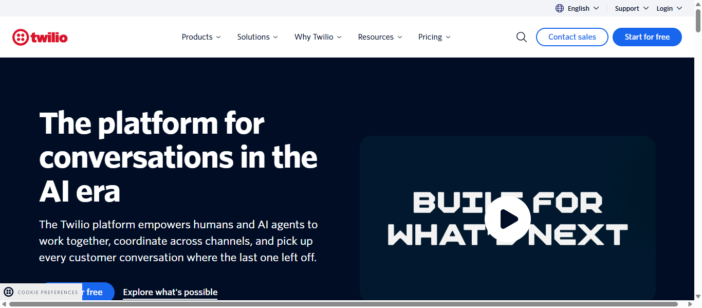 Twilio homepage with the headline "The platform for conversations in the AI era"